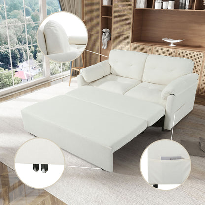 Modern Convertible Sleeper Sofa Bed With Pull Out Queen Design, Side Storage & Thick Cushions Chenille Loveseat For Living Room Or Bedroom 3 In 1 Function - Beige