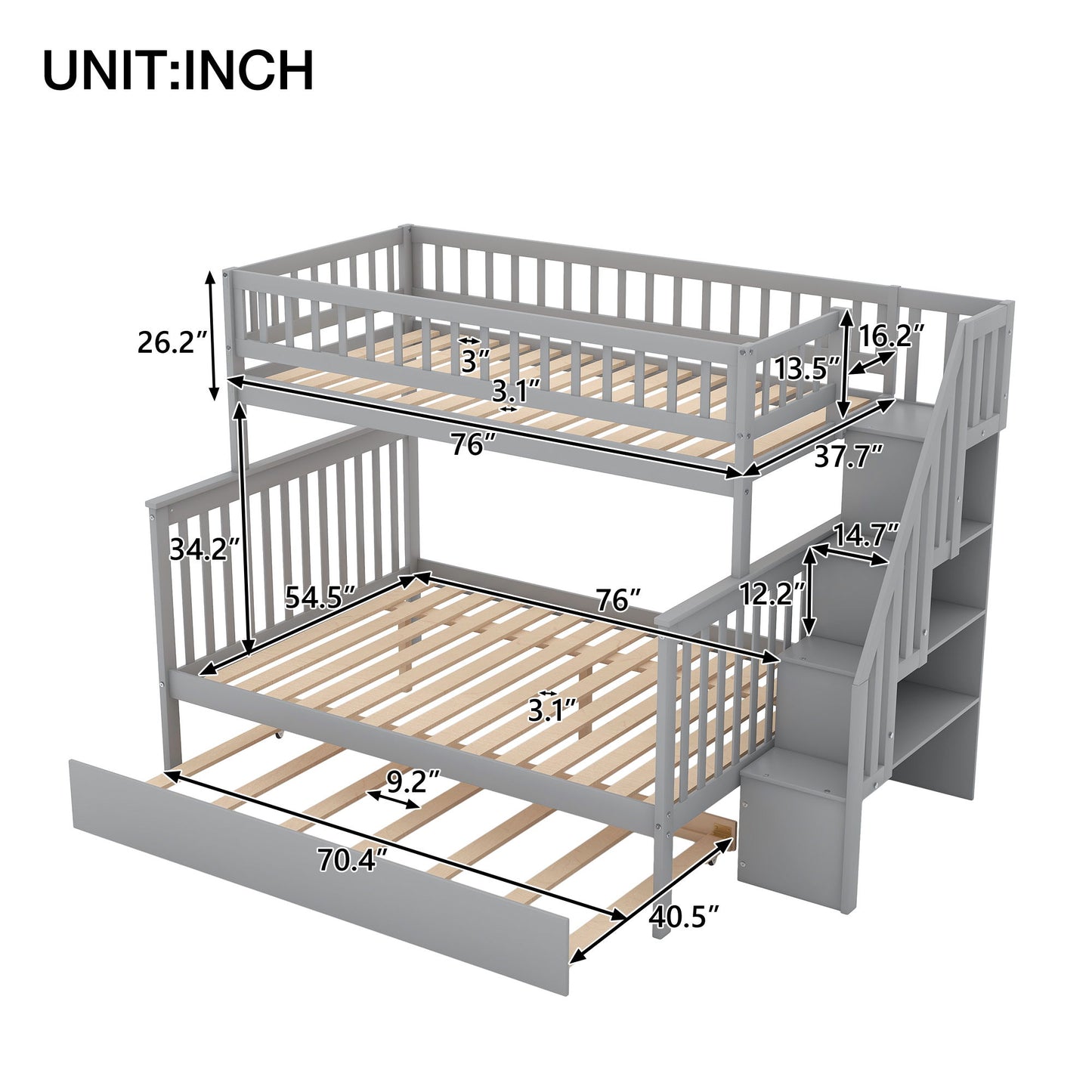 Twin Over Full Bunk Bed With Trundle And Staircase - Gray