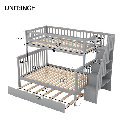 Twin Over Full Bunk Bed With Trundle And Staircase - Gray