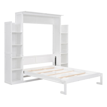 Full Size Murphy Wall Bed With Shelves And LED Lights - White