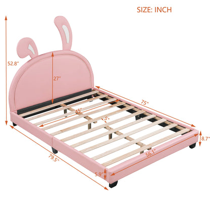 Full Size Upholstered Leather Platform Bed With Rabbit Ornament, Pink