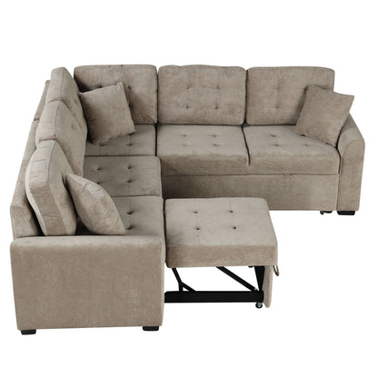 L-Shape Sofa Bed Pull-Out Sleeper Sofa With Wheels, USB Ports, Power Sockets For Living Room - Khaki