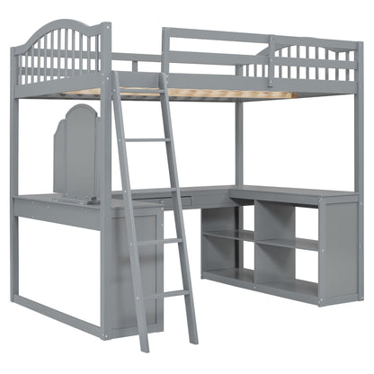 Full Loft Bed With U Shaped Desk, Storage Compartments And Tri Fold Mirror - Gray
