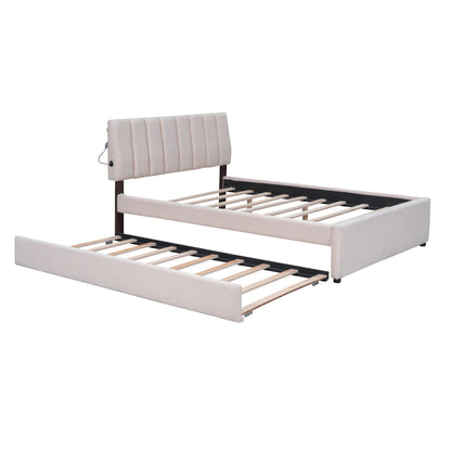 Full Size Upholstered Platform Bed With Twin Size Trundle - Beige