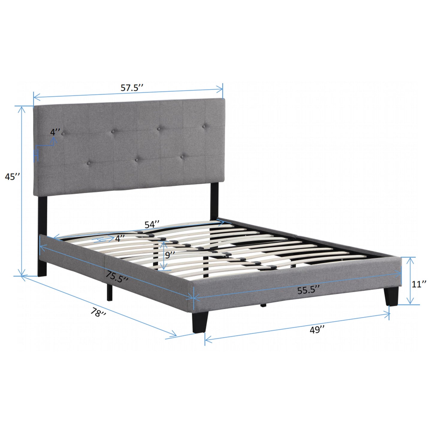 Full Size Upholstered Platform Bed Frame With Button Tufted Linen Headboard And Wood Slat Support - Gray