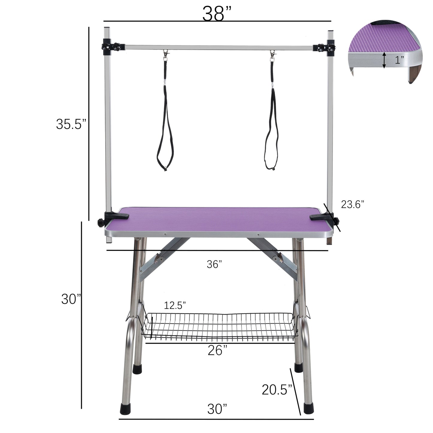 Folding Dog Pet Grooming Table Stainless Steel Frame, Rubber Mat On Board With Adjustable Arm And Clamps Pet Dog Cat Grooming Table - Purple