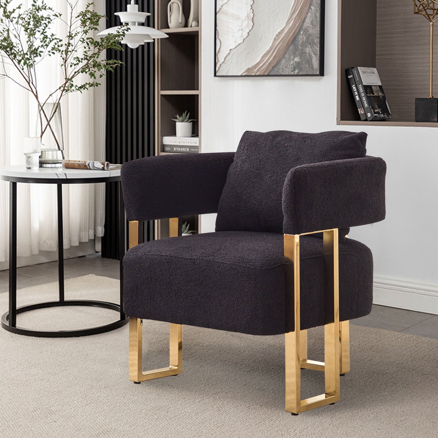 Modern Decorative Chair, Living Room Side Chair With Gold Metal Legs, No Wheels, Suitable For Dressing Area, Reception Room, Office, Teddy Fleece Upholstered Metal Foot Sofa 2 Pieces - Black
