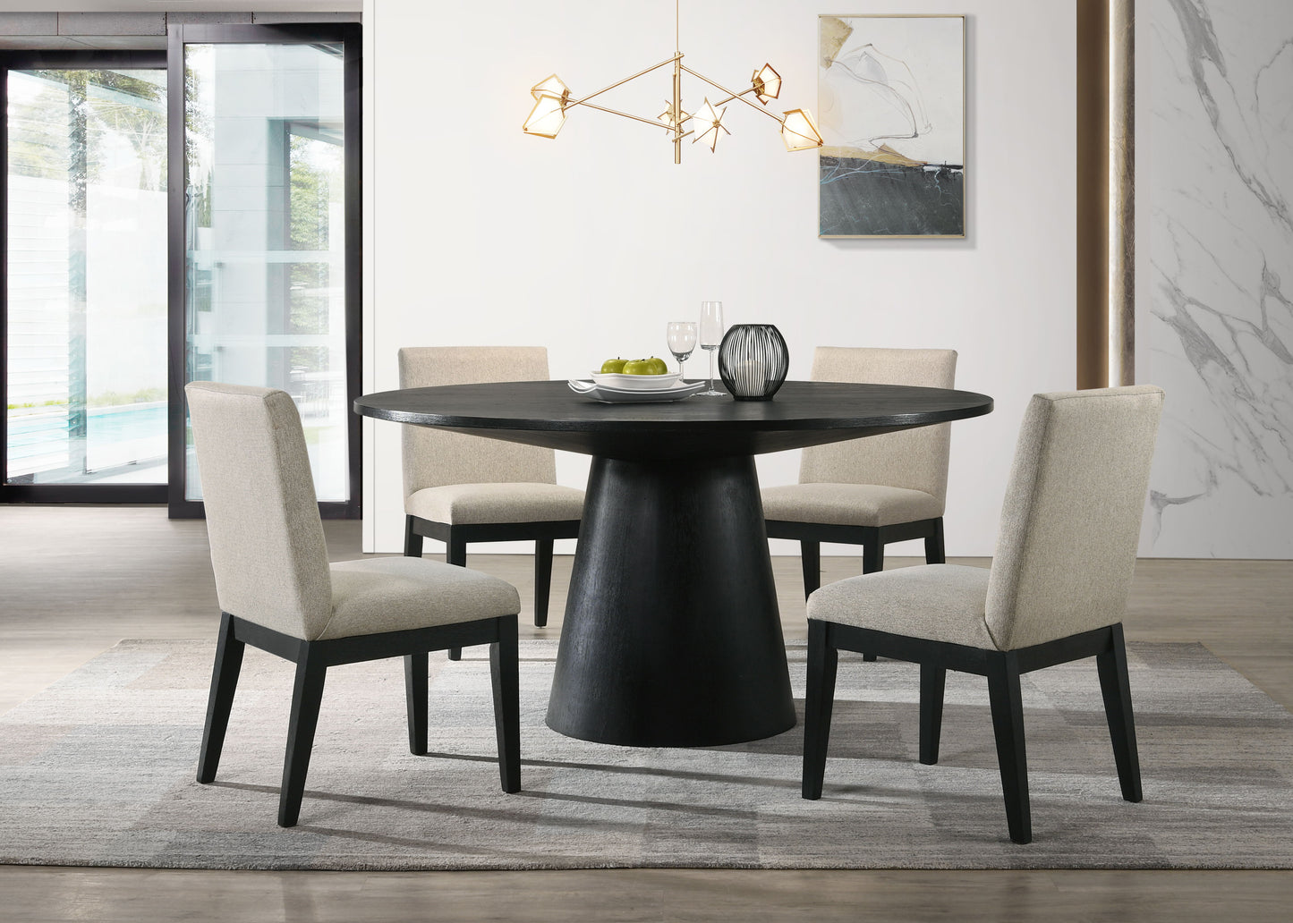 Jasper - 5 Piece Wide Contemporary Round Dining Table With Beige Fabric Chairs (Set of 5) - Black