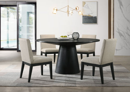 Jasper - 5 Piece Wide Contemporary Round Dining Table With Beige Fabric Chairs (Set of 5) - Black