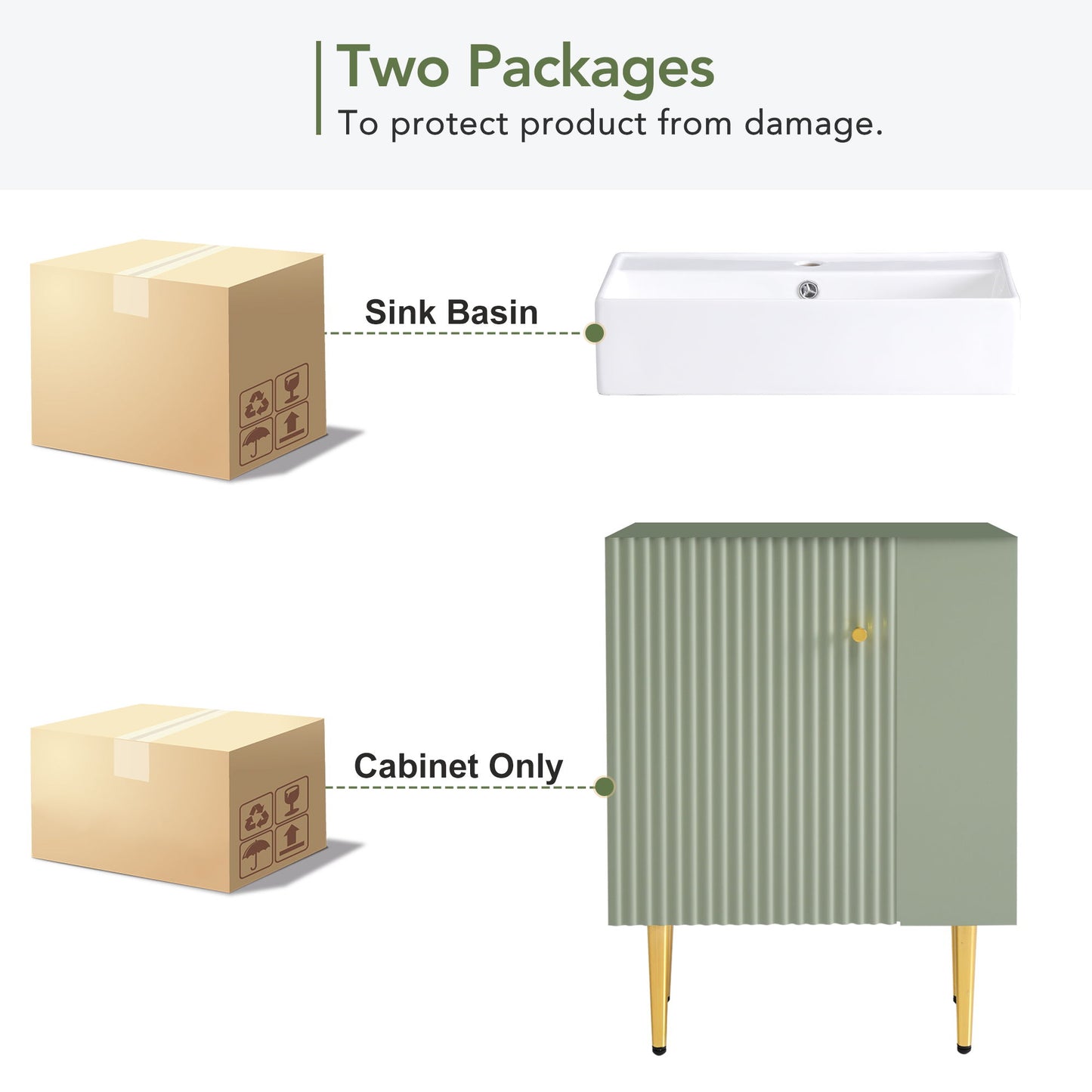Bathroom Vanity, Combo Cabinet, Bathroom Storage Cabinet, Single Ceramic Sink, Right Side Storage - Green