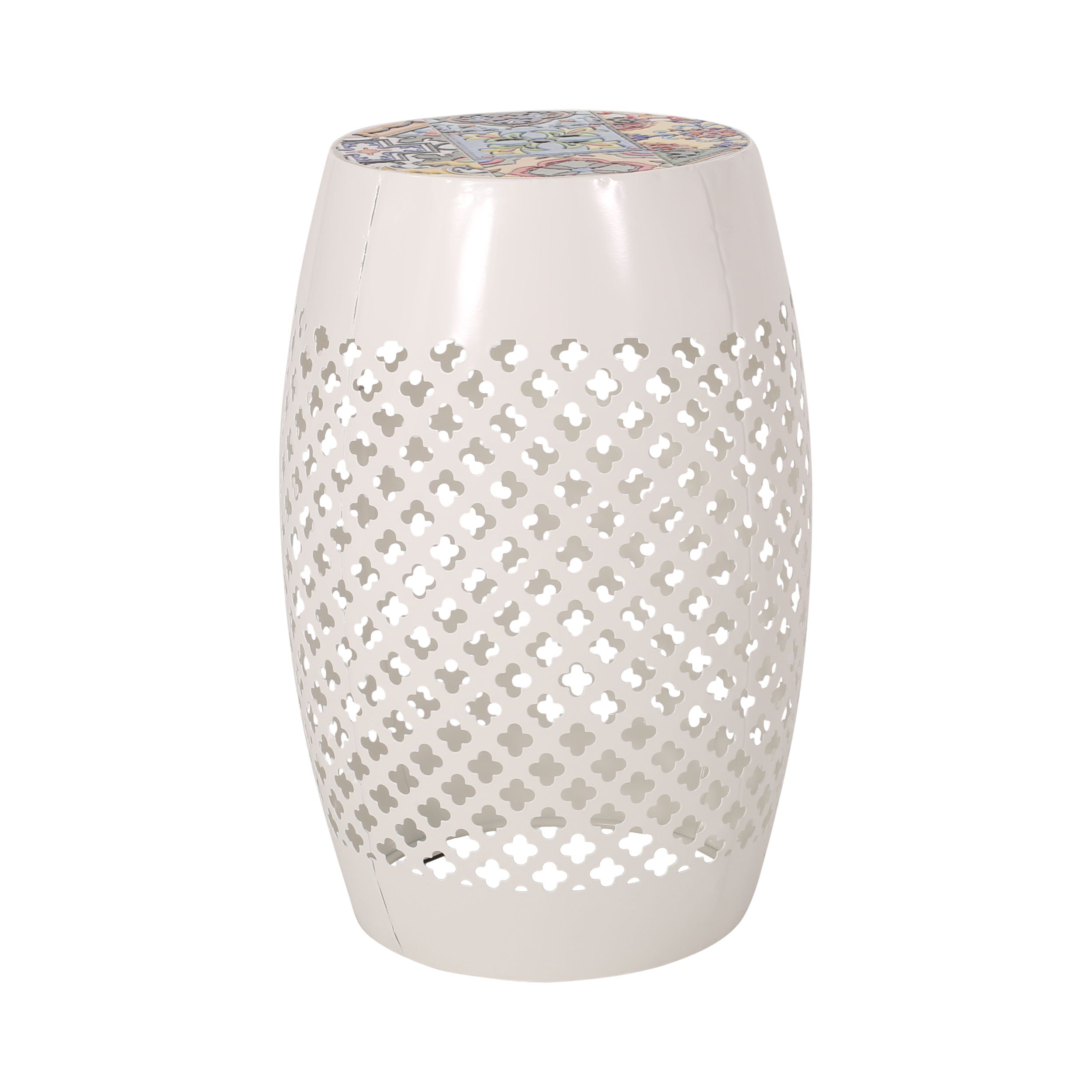 Transitional Roswell - Side Table With Tile Mosaic Top And Lace Cut Metal Frame - White