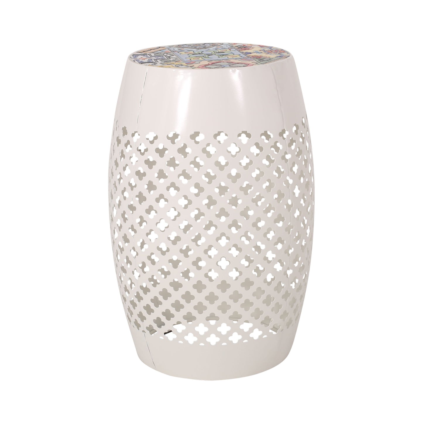 Transitional Roswell - Side Table With Tile Mosaic Top And Lace Cut Metal Frame - White