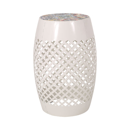 Transitional Roswell - Side Table With Tile Mosaic Top And Lace Cut Metal Frame - White