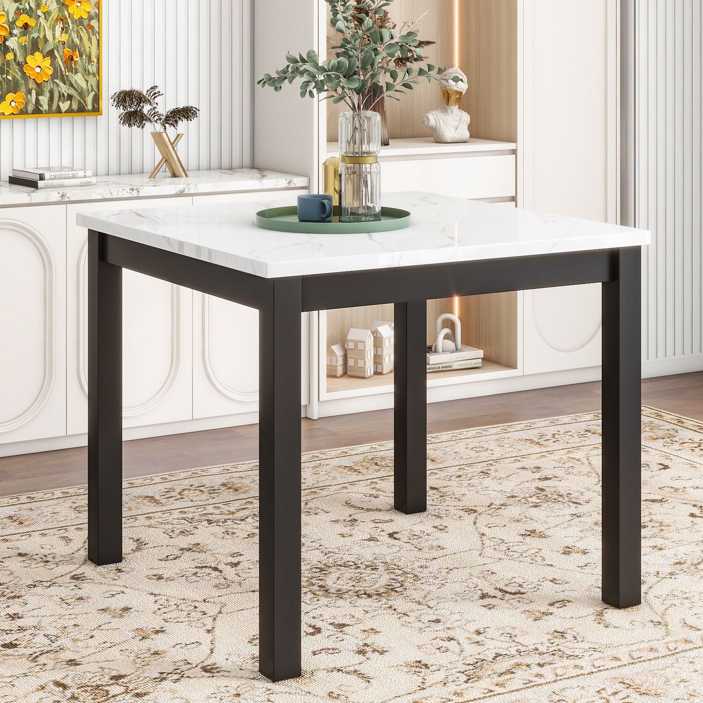 5-Piece Counter Height Dining Table Set With One Faux Marble Top Dining Table And Four Velvet Upholstered Chairs - Black