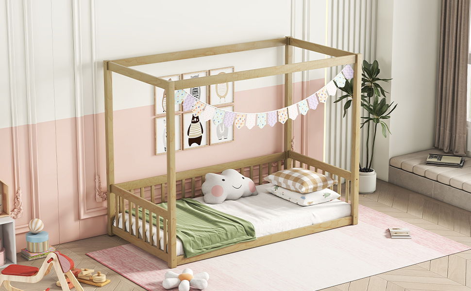 Twin Size Canopy Frame Floor Bed With Fence, Guardrails - Natural