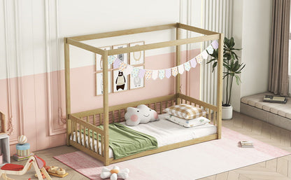 Twin Size Canopy Frame Floor Bed With Fence, Guardrails - Natural