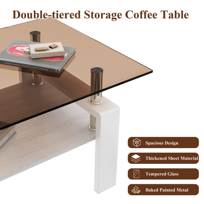 Modern Rectangular Coffee Table With Tempered Glass Top Layer, Table For Living Room - Brown / White