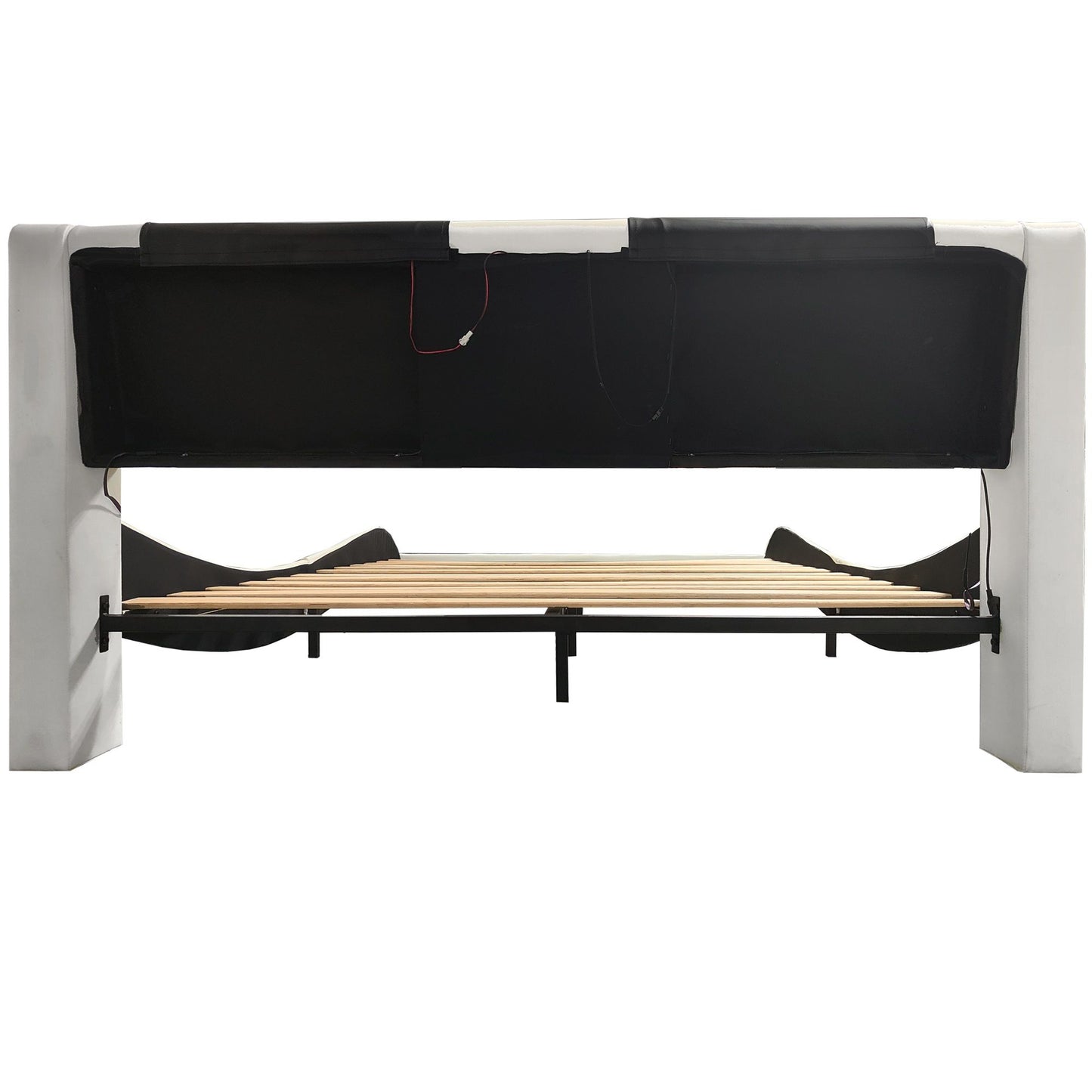 King Size Upholstered Platform Bed Frame With LED Lighting, Bluetooth Connection To Play Music Control, Backrest Vibration Massage, Curve Design, Wood Slat Support, Exhibited Speakers - White