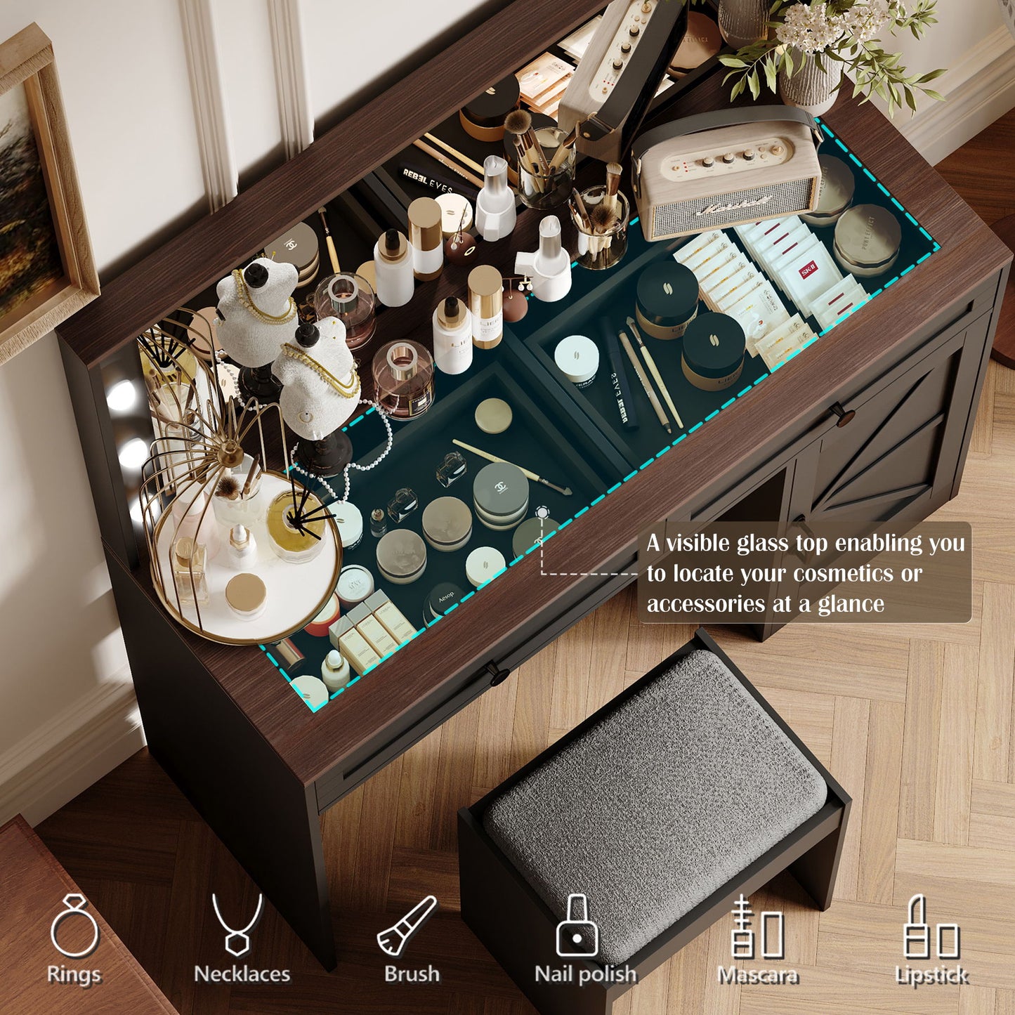 Makeup Vanity Table, Makeup Table With Large Mirror And 11 LED Light, Brightness Adjustable, Dressing Table Desk With 3 Drawers, Vanity Desk For Women (With Stool) - Black