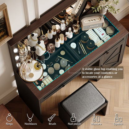 Makeup Vanity Table, Makeup Table With Large Mirror And 11 LED Light, Brightness Adjustable, Dressing Table Desk With 3 Drawers, Vanity Desk For Women (With Stool) - Black