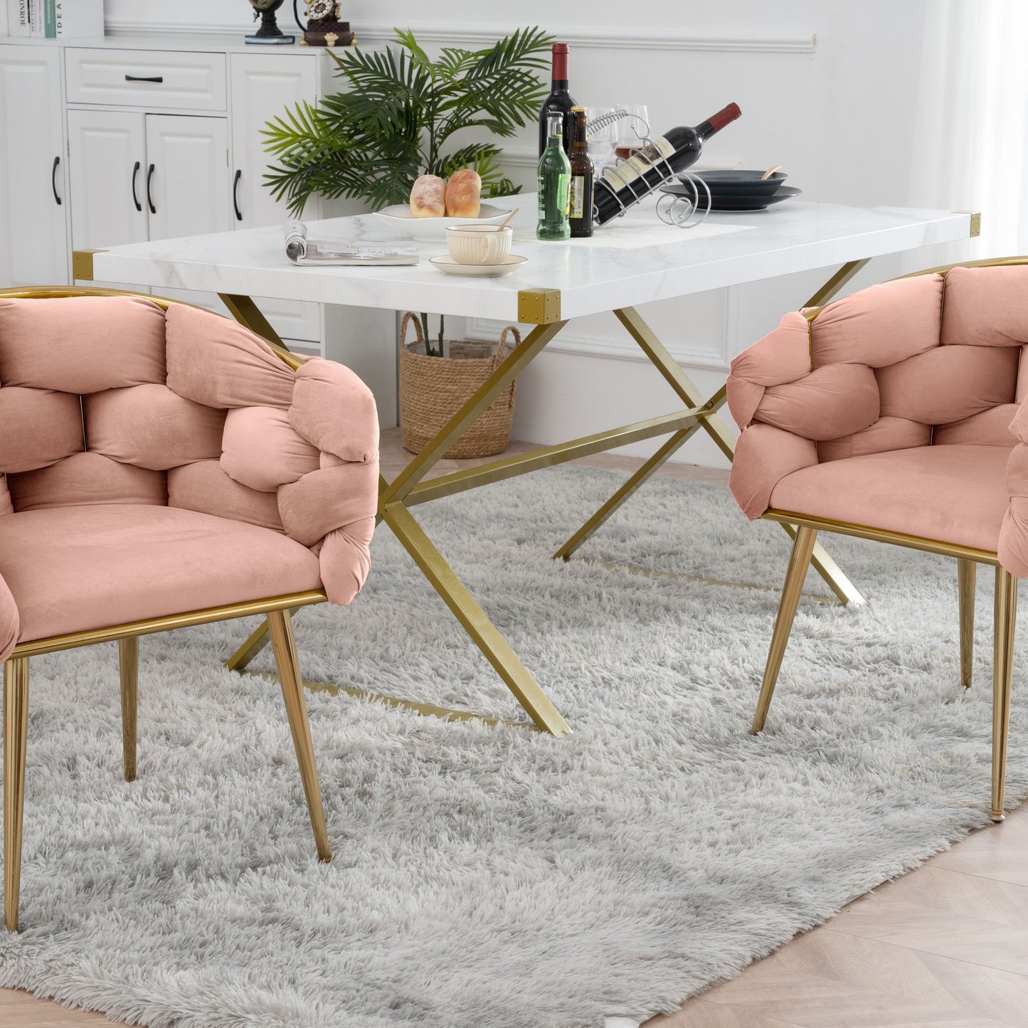 Luxury Modern Simple Leisure Velvet Single Sofa Chair Bedroom Lazy Person Household Dresser Stool Manicure Table Back Chair (Set of 2) - Pink