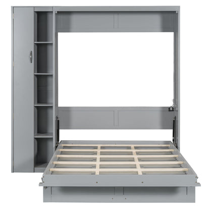 Full Size Murphy Wall Bed With Shelves, Wardrobe And LED Lights - Gray