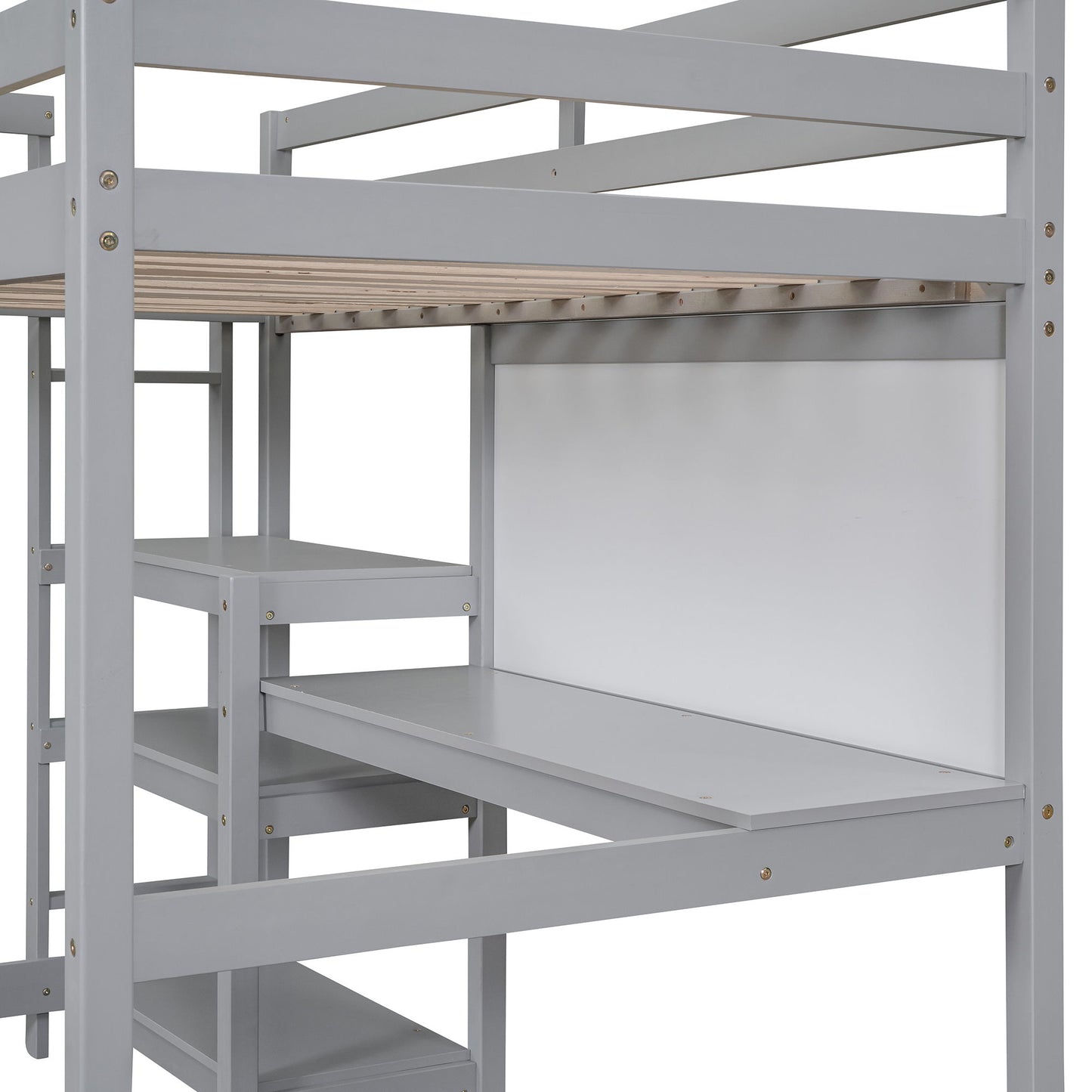 Twin Size Loft Bed With Shelves, Desk And Writing Board - Gray