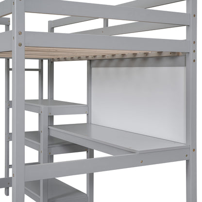 Twin Size Loft Bed With Shelves, Desk And Writing Board - Gray