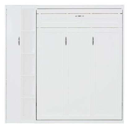 Full Size Murphy Wall Bed With Shelves, Wardrobe And LED Lights - White