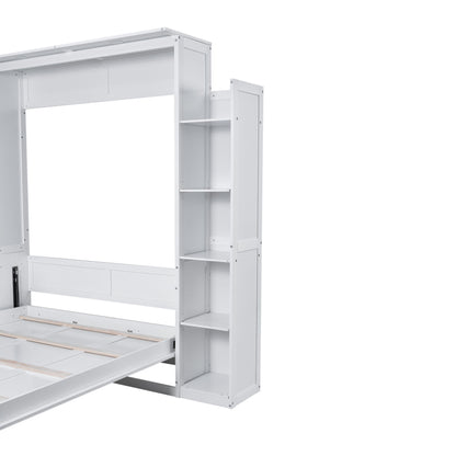 Queen Size Murphy Wall Bed With Shelves And LED Lights - White