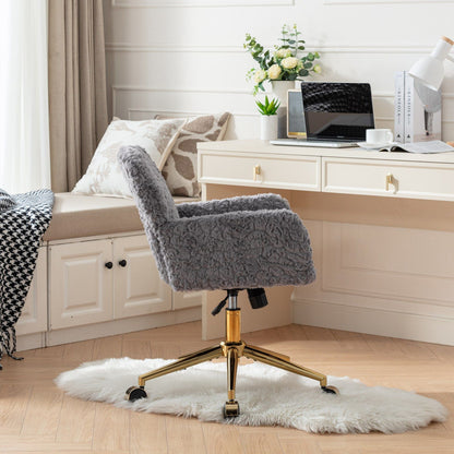 Office Chair, Artificial Rabbit Hair Home Office Chair With Golden Metal Base, Adjustable Desk Chair Swivel Office Chair, Vanity Chair - Gray