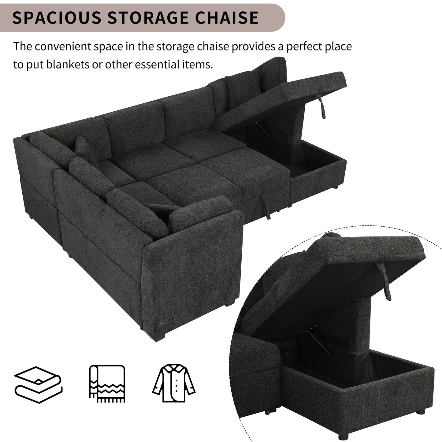 U-Shaped Sectional Sofa Pull Out Sofa Bed With Two USB Ports, Two Power Sockets, Three Back Pillows And A Storage Chaise For Living Room - Black