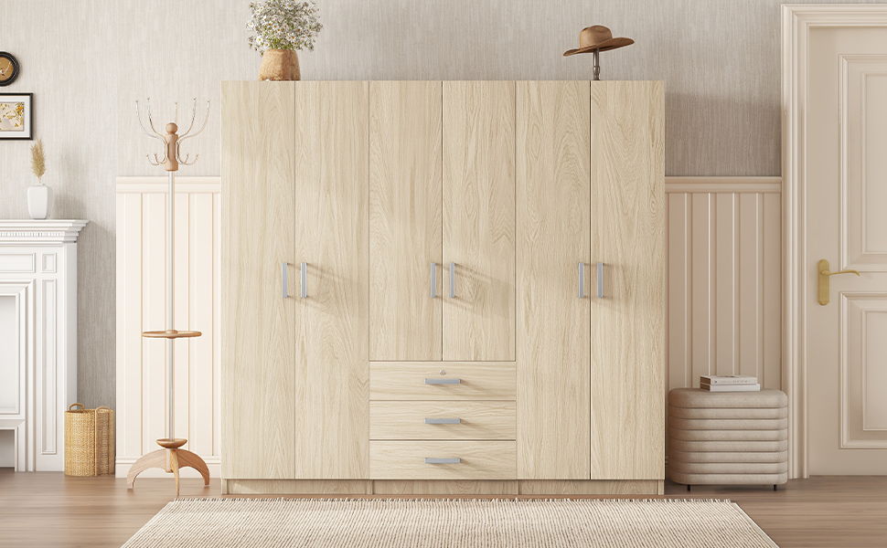 6 Doors Wardrobe Storage For Bedroom, With Big Drawers - Brown