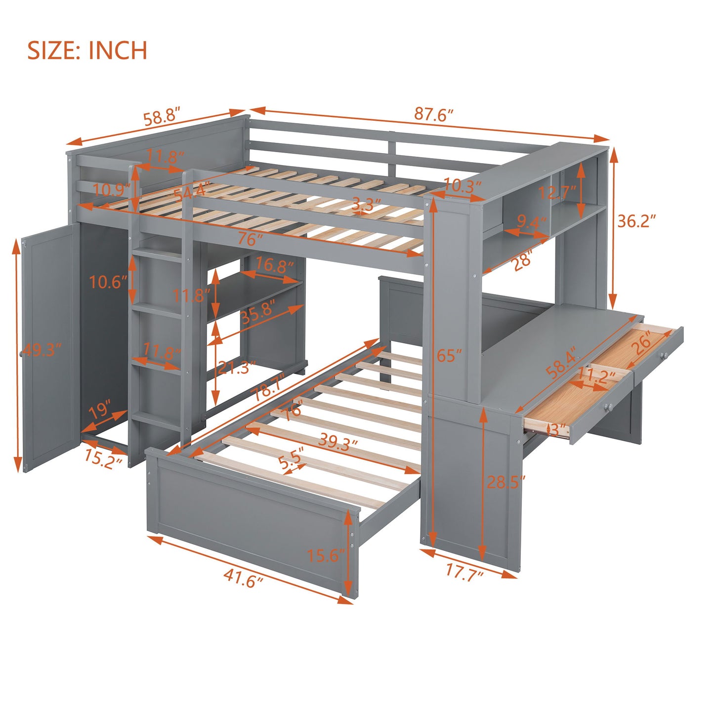 Full Size Loft Bed With A Twin Size Standalone Bed, Shelves, Desk, And Wardrobe - Gray