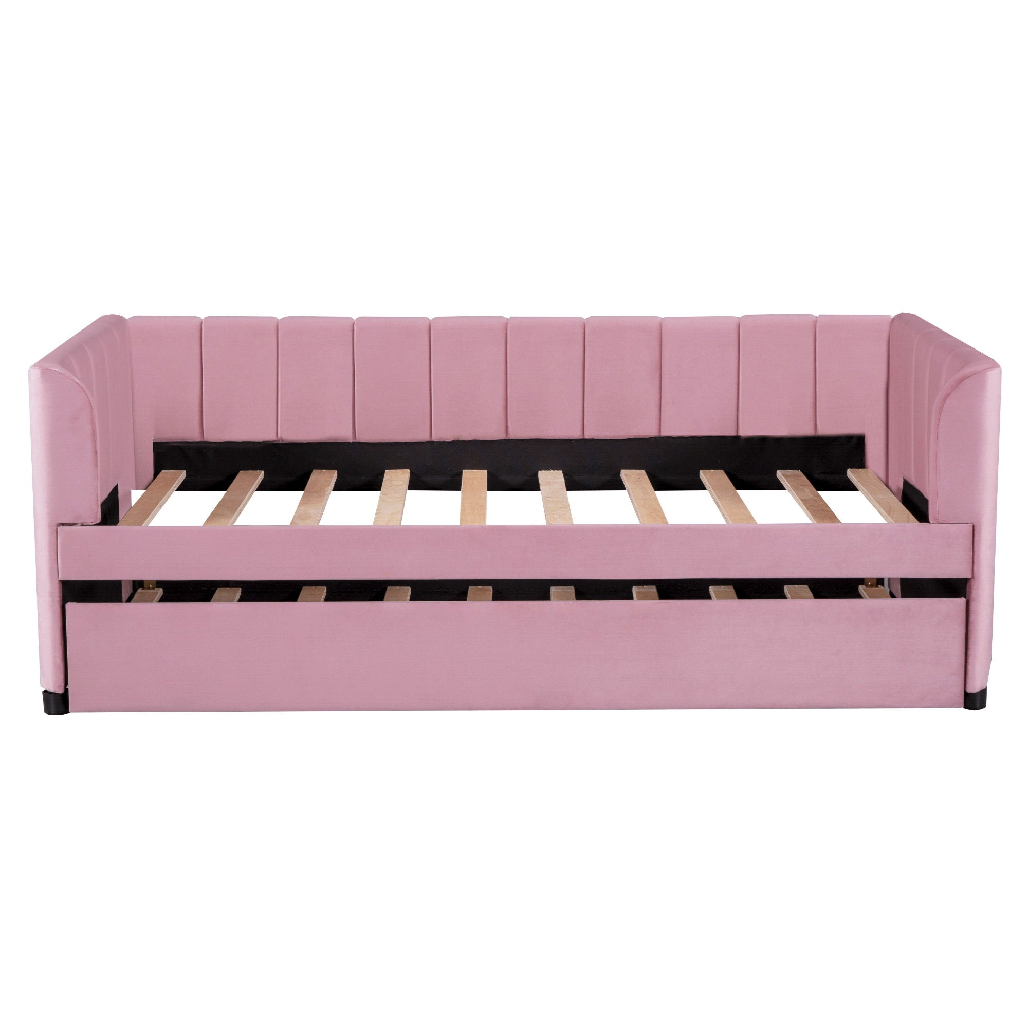 Twin Size Upholstered Daybed With Ergonomic Design Backrest And Trundle - Pink