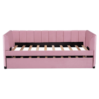 Twin Size Upholstered Daybed With Ergonomic Design Backrest And Trundle - Pink