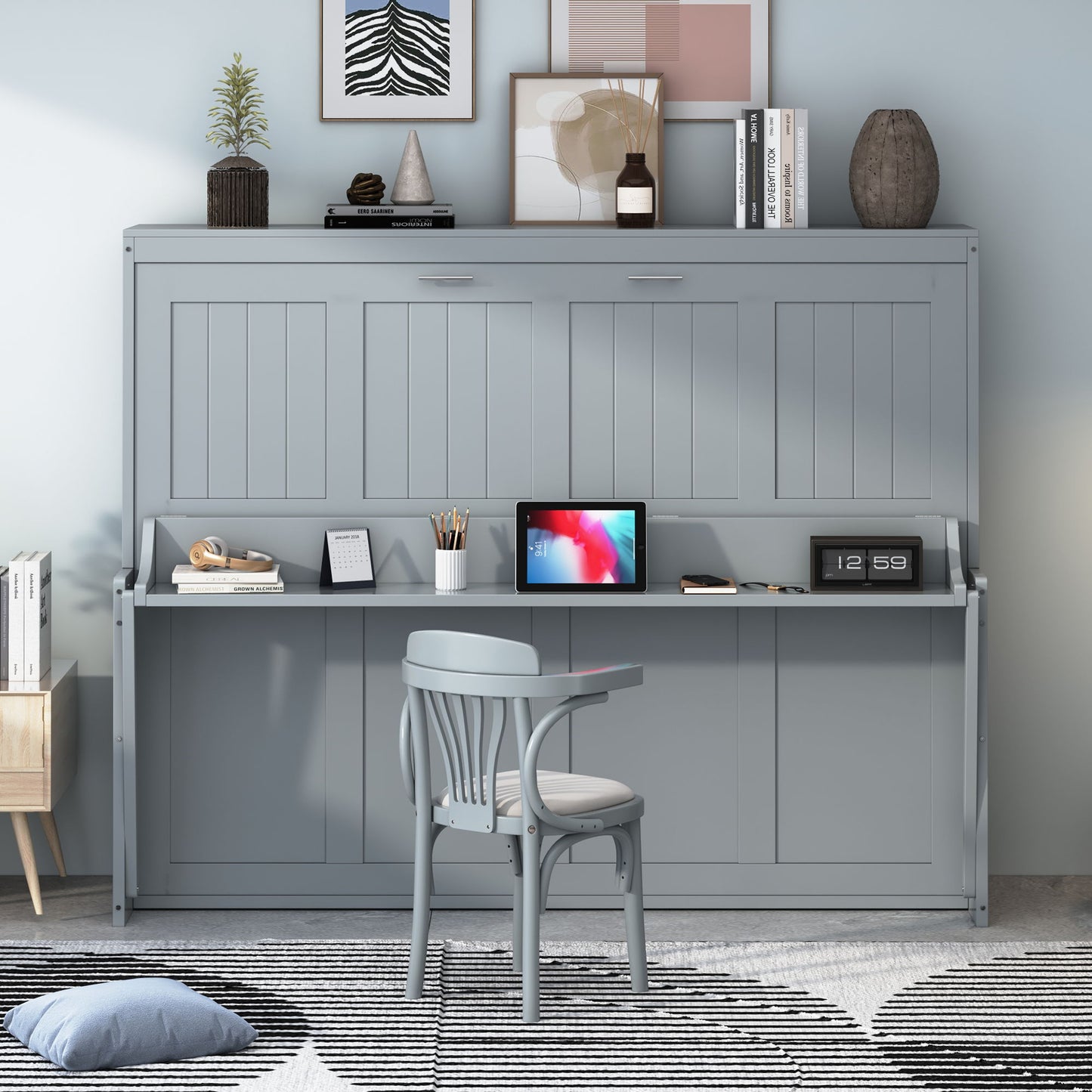 Full Size Murphy Bed With Hydraulic Lift & Desk Design - Gray