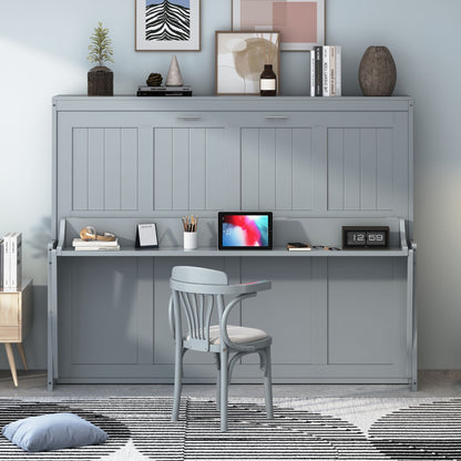 Full Size Murphy Bed With Hydraulic Lift & Desk Design - Gray