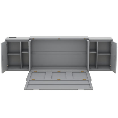 Queen Size Murphy Bed With Shelves, Cabinets And USB Ports - Gray