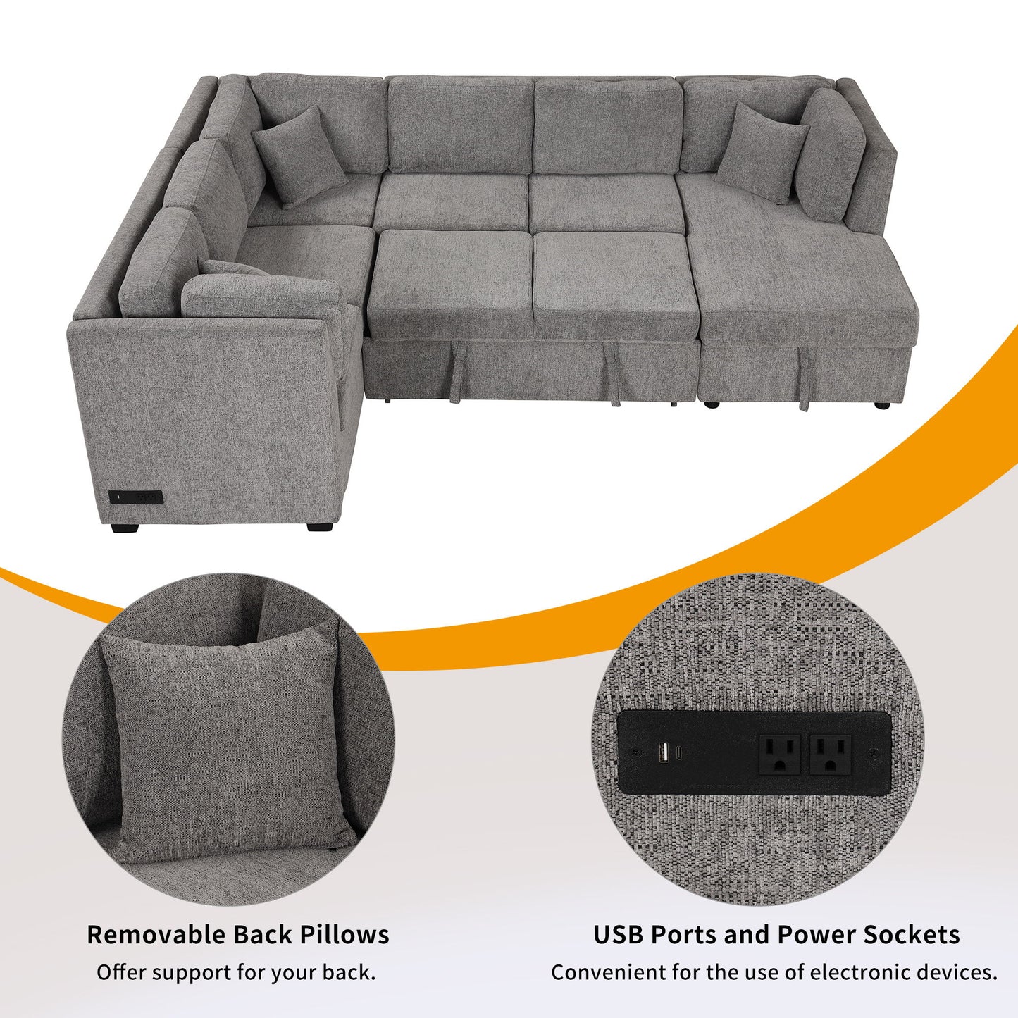 U-Shaped Sectional Sofa Pull Out Sofa Bed With Two USB Ports, Two Power Sockets, Three Back Pillows And A Storage Chaise For Living Room - Light Gray