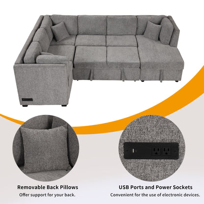 U-Shaped Sectional Sofa Pull Out Sofa Bed With Two USB Ports, Two Power Sockets, Three Back Pillows And A Storage Chaise For Living Room - Light Gray