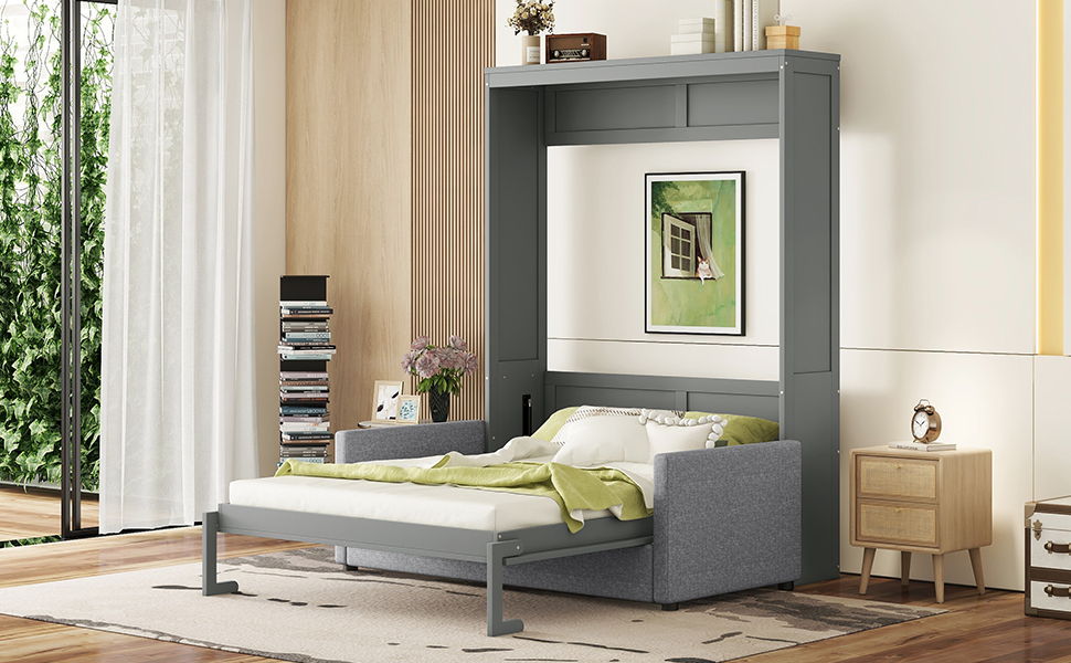 Queen Size Murphy Wall Bed With Cushion - Gray