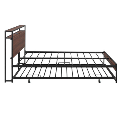 Full Size Platform Bed Frame With Trundle, USB Ports And Slat Support,No Box Spring Needed - Black