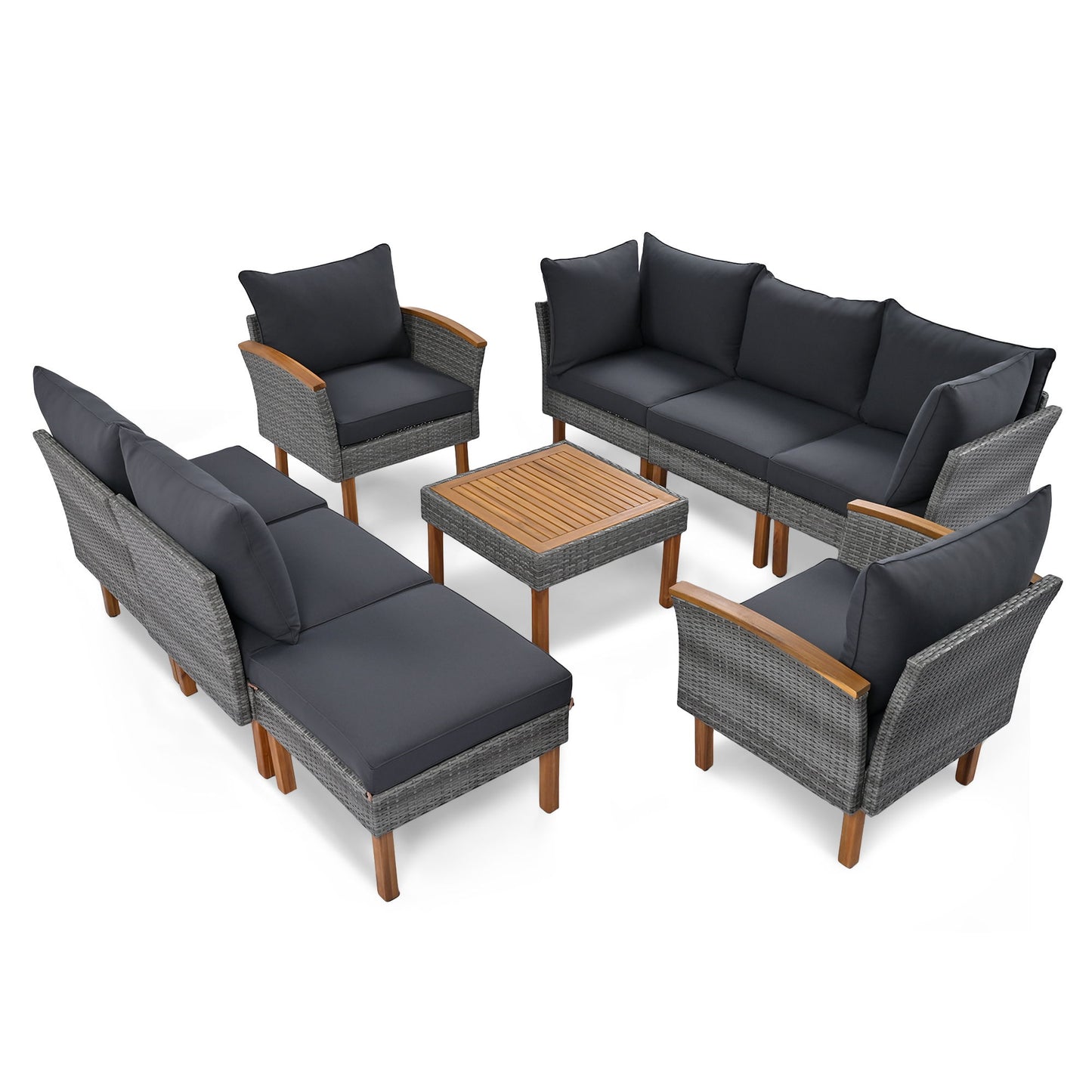 9 Piece Patio Rattan Furniture Set, Outdoor Conversation Set With Acacia Wood Legs And Tabletop, PE Rattan Sectional Sofa Set With Coffee Table, Washable Cushion - Gray