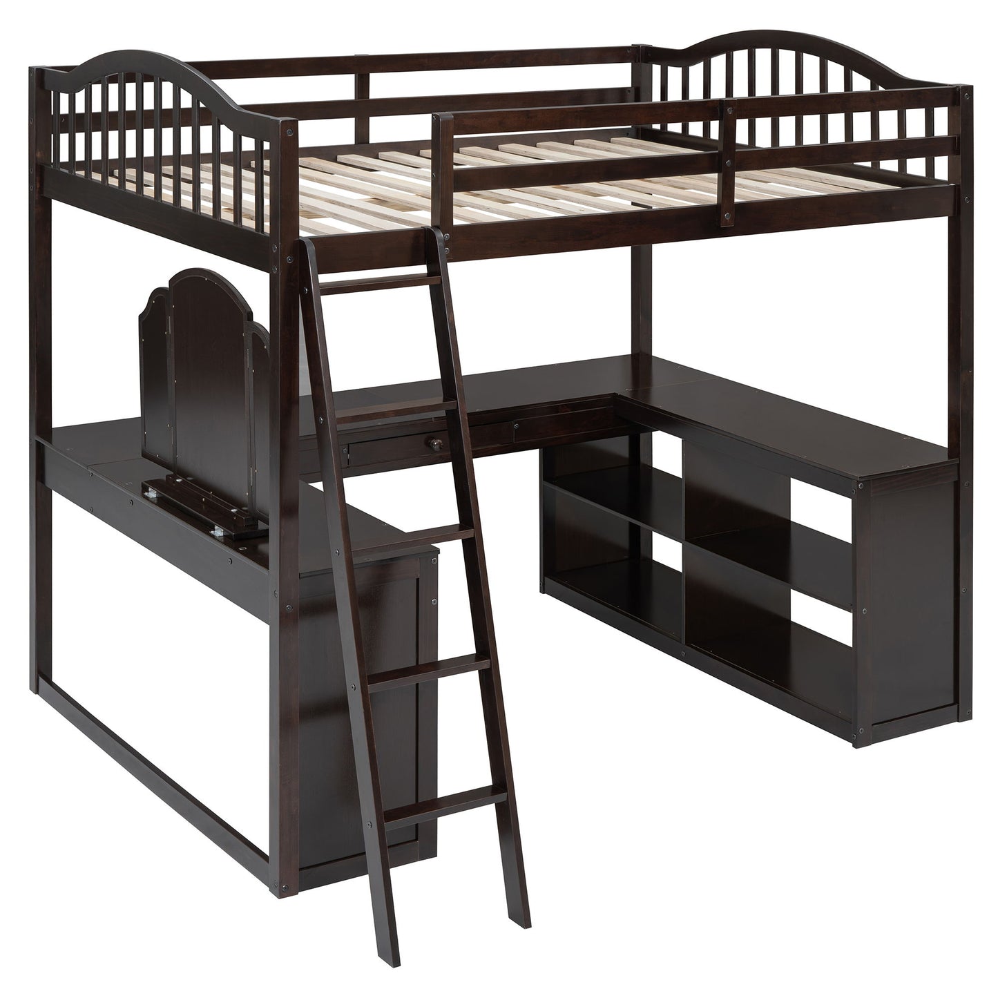 Full Loft Bed With U Shaped Desk, Storage Compartments And Tri Fold Mirror - Espresso