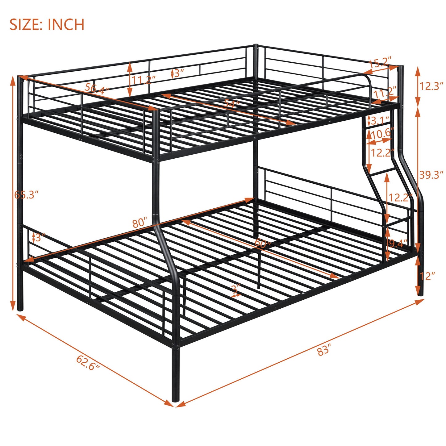 Full Long Over Queen Metal Bunk Bed - Black