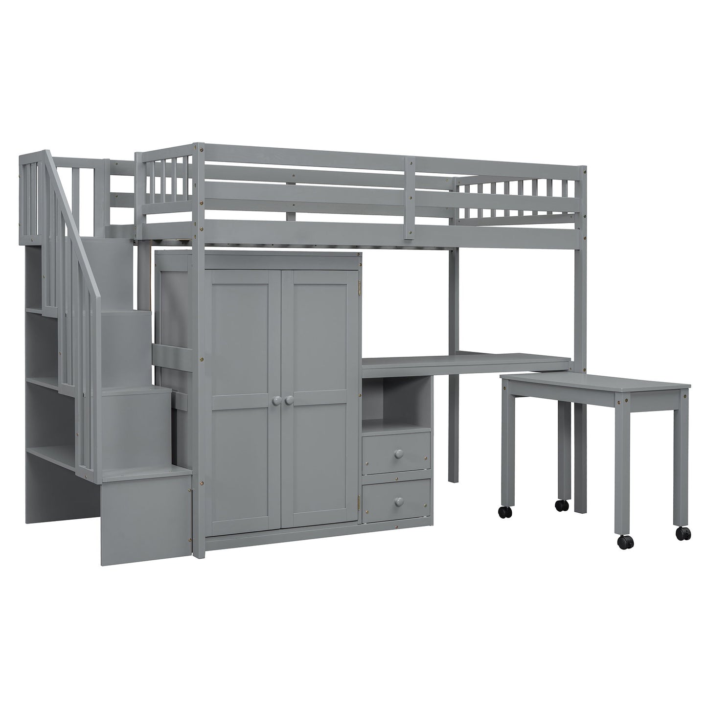 Twin Size Loft Bed With Stairs, Bookshelf, Drawers, Desk & Wardrobe, Space Saving Multifunctional Furniture - Gray
