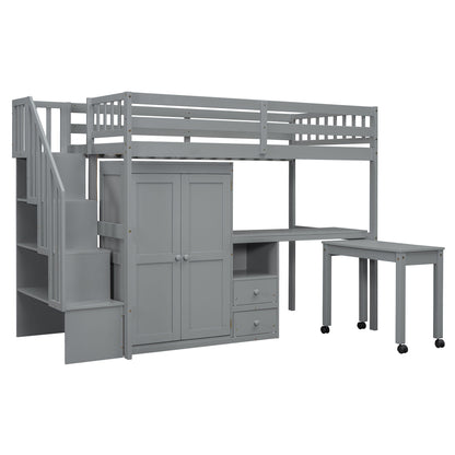 Twin Size Loft Bed With Stairs, Bookshelf, Drawers, Desk & Wardrobe, Space Saving Multifunctional Furniture - Gray