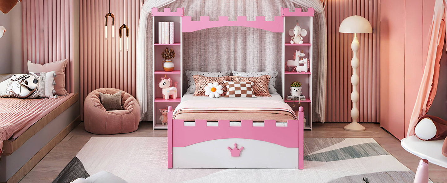 Castle Shaped Bed With Storage Shelf, Dreamy Twin Size Platform Bed For Kids Bedroom - White / Pink