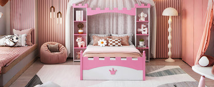 Castle Shaped Bed With Storage Shelf, Dreamy Twin Size Platform Bed For Kids Bedroom - White / Pink